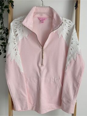 Lilly Pulitzer Light Pink Half-Zip Pullover with White Lace Panels